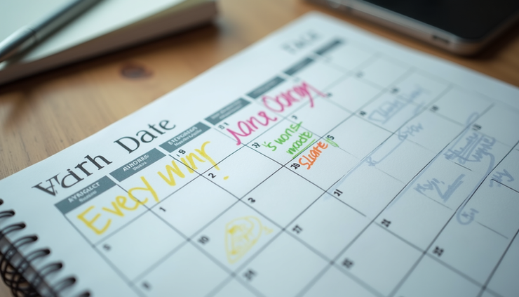 High angle view of a calendar with marked review dates and notes