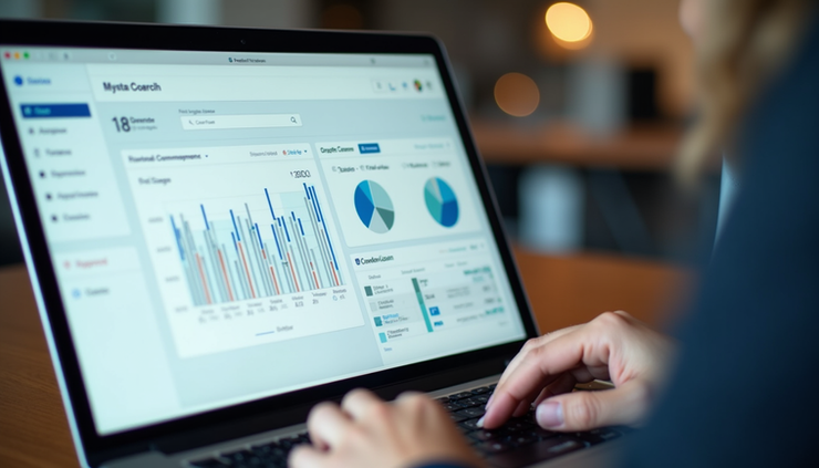 Close-up view of a sales person using a CRM dashboard on a laptop