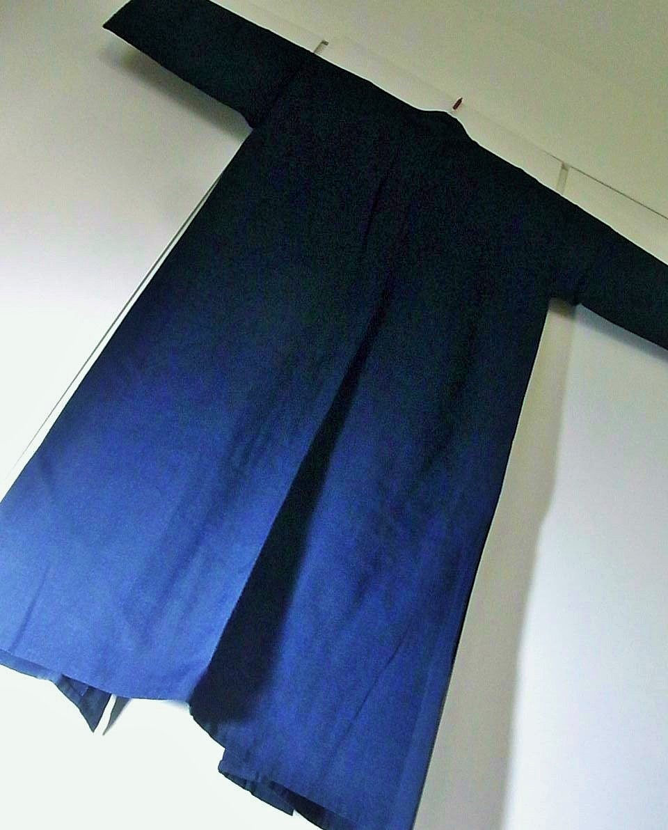 Thumbnail: Budoka - Japanese Hitoe Wool Kimono Plain Indigo Blue #0027