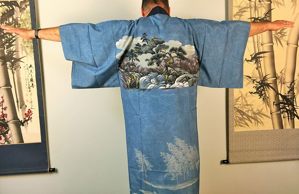 Thumbnail: Men's Blue-Gray "Naga-juban" with landscape, Mountain, Pine, House #0238