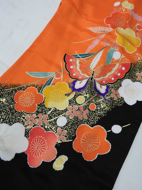 Thumbnail: Girl's Japanese KIMONO Black & Orange w/ Dyed UME, Butterfly Patterns #1510