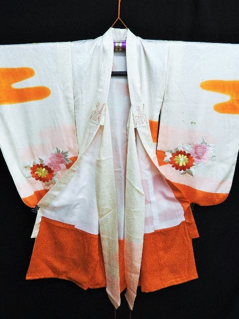 Thumbnail: Girl's Silk Japanese RINZU KIMONO Cream & Orange w/Emb Phoenix, BOTAN #1530
