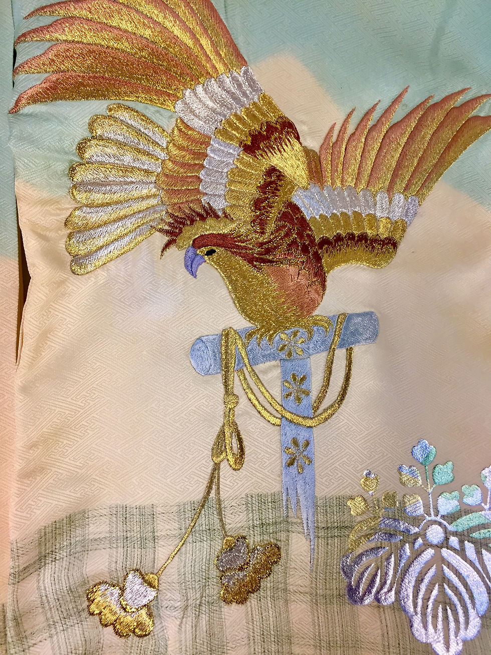Thumbnail: Boy's KIMONO with Gold & Silver Embroidered Hawk Motif #1501