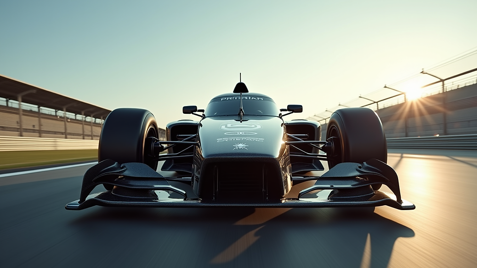 Eye-level view of a racing car equipped with carbon fiber parts on a track