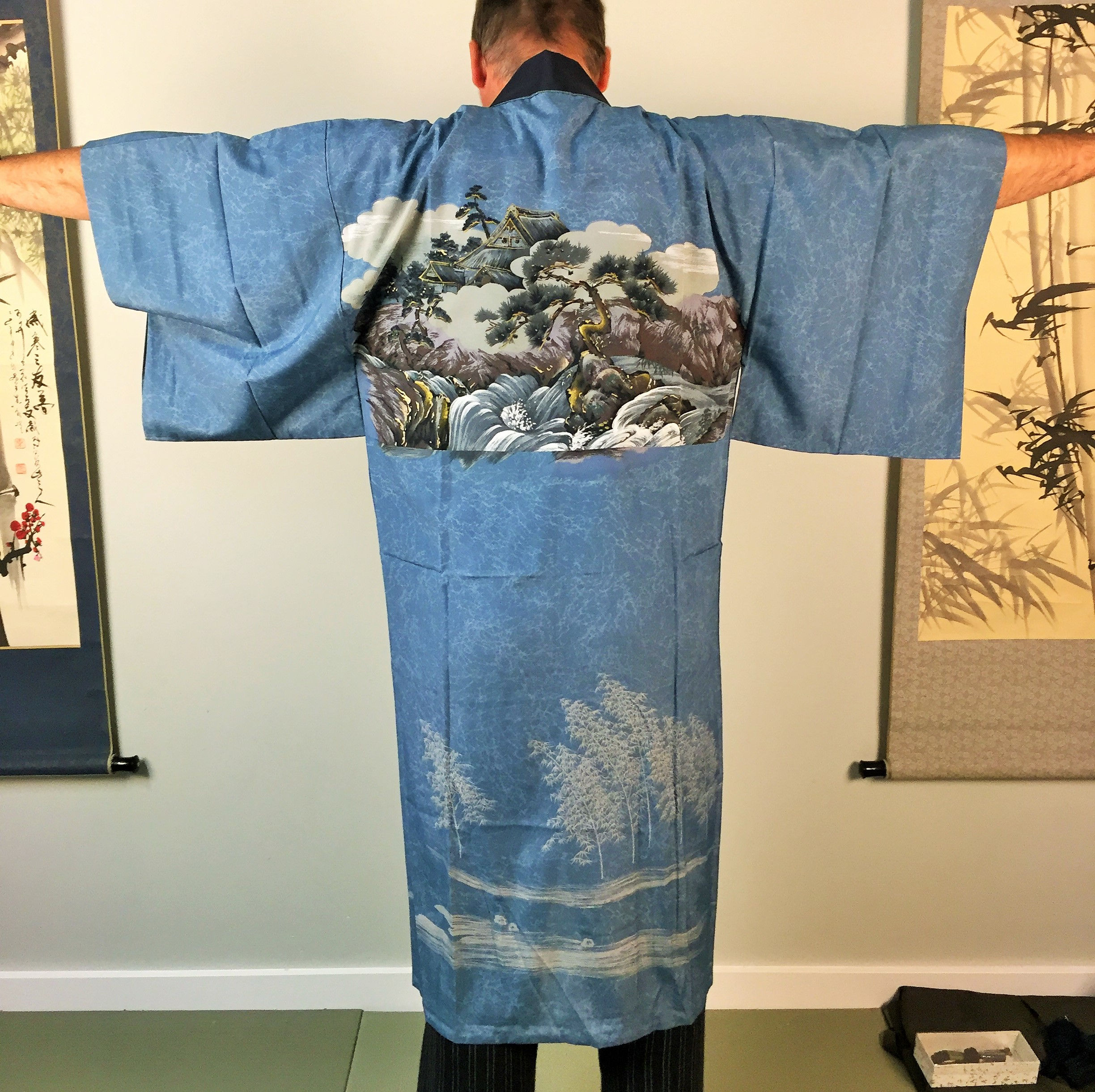 Men's Blue-Gray "Naga-juban" with landscape, Mountain, Pine, House #0238