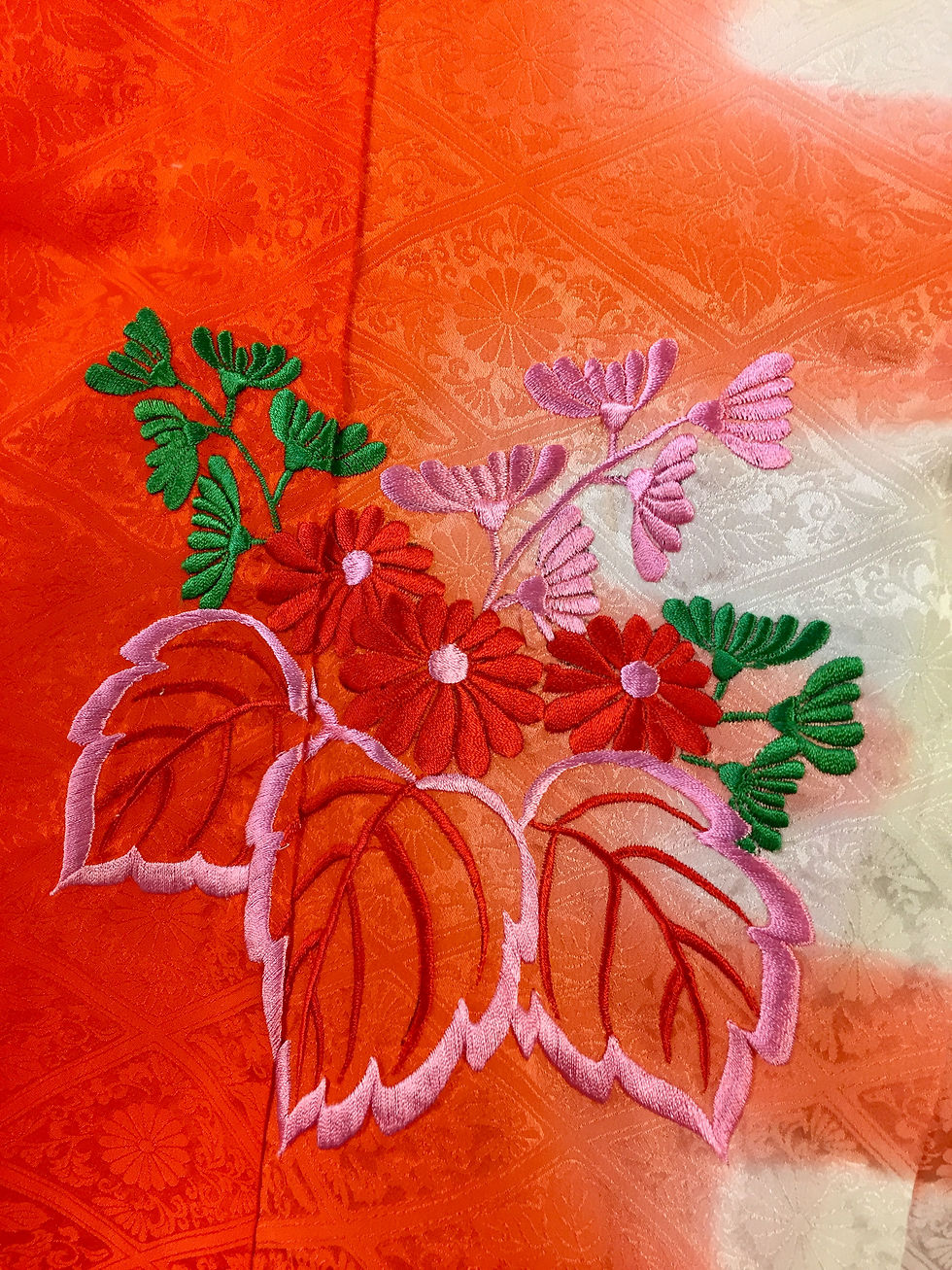 Thumbnail: Girl's Japanese Phoenix KIMONO Vermilion/Orange Embr. w/ Phoenix #1516