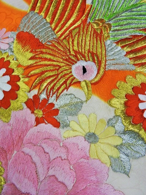Thumbnail: Girl's Silk Japanese RINZU KIMONO Cream & Orange w/Emb Phoenix, BOTAN #1530