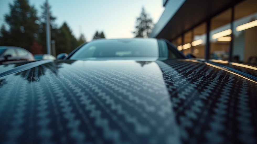 eye-level view of carbon fiber car hood