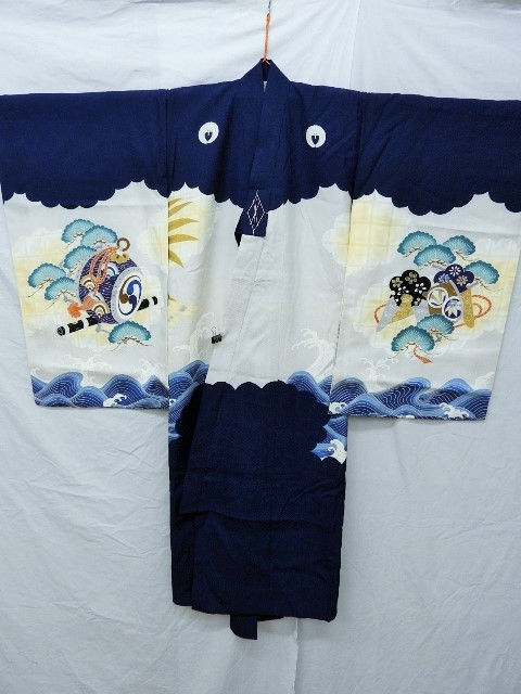 Thumbnail: Boy's Silk Japanese KIMONO Navy & Gray w/ 5 Samurai Mon, Dyed Castle, Hawk #1522