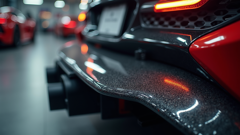 Eye-level view of a carbon GT wing displayed in a tuning shop