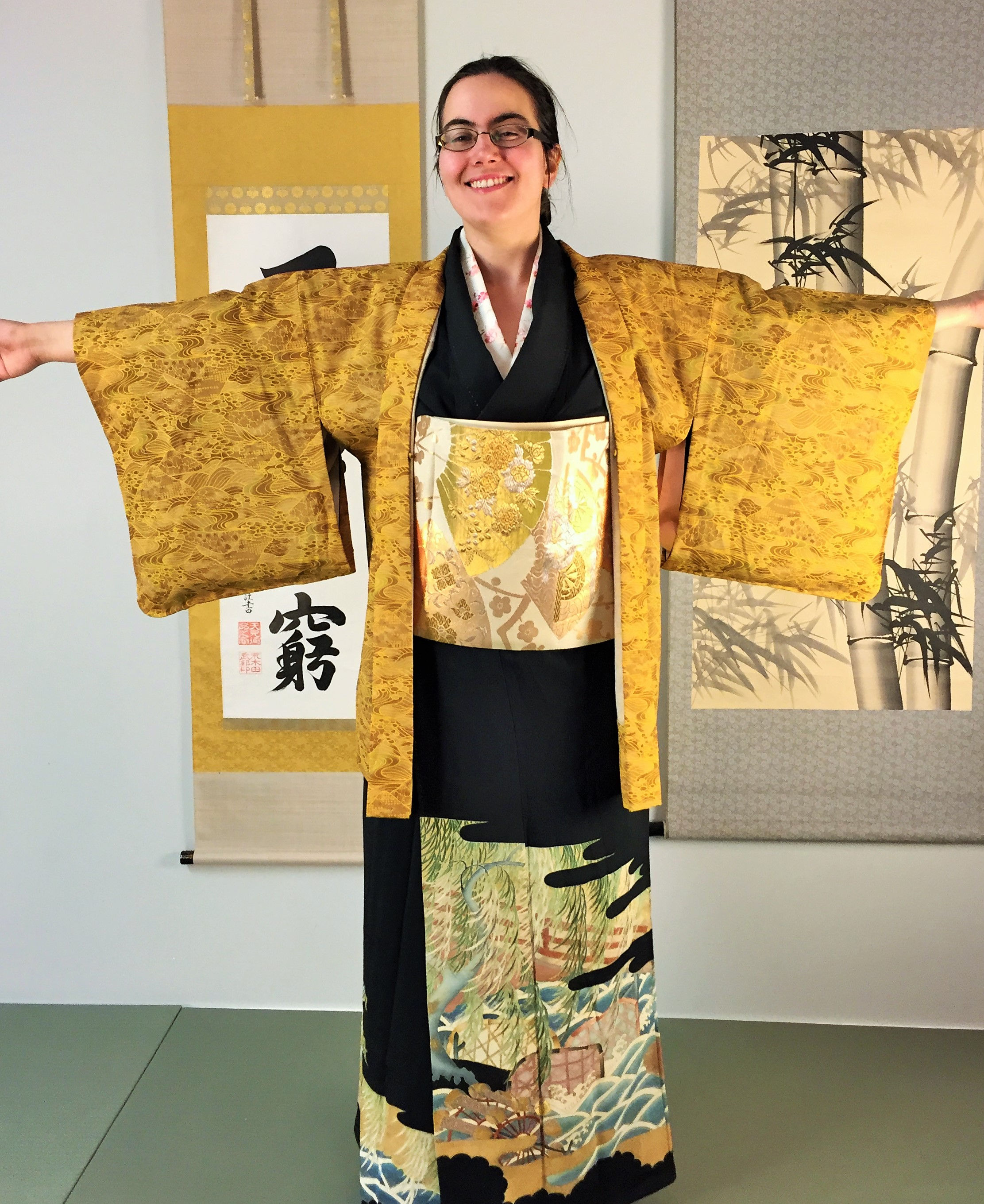 Lady's Japanese Kimono, HAORI, Light brown/gold #0063