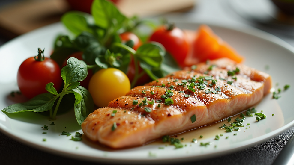 Close-up view of a healthy meal with colorful vegetables and lean protein