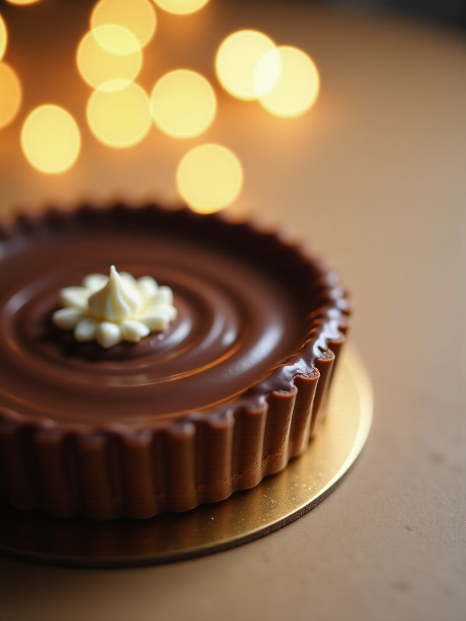 Deliciosa tarta de chocolate con crema, fondo dorado y luces bokeh.