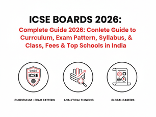 A clean, professional blog graphic with a black, red, and white theme on a white background. The image features the title "ICSE Boards 2026: Comprehensive Guide to Curriculum & Excellence." Visual elements include a sleek fountain pen icon (symbolizing strong language skills) and a series of interlocking gears (representing analytical thinking). To the side, a professional checklist highlights "Analytical Skills" and "Global Recognition." The design is modern, structured, and academic.