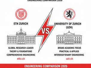 ETH Zurich vs University of Zurich (UZH) engineering comparison 2026 highlighting QS rankings, engineering programs, research excellence, and academic reputation in Switzerland