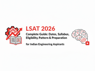 LSAT 2026 complete guide banner for Indian engineering aspirants highlighting exam dates, syllabus, eligibility, pattern, and preparation with law book and brain icons.