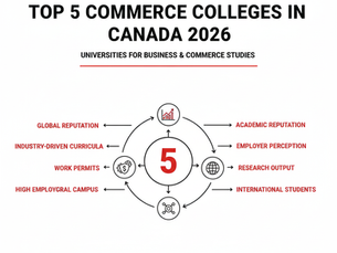 Top 5 Commerce Colleges in Canada 2026 infographic highlighting universities for business and commerce studies, focusing on global reputation, academic reputation, employer perception, research output, international students, industry-driven curriculum, work permits, and high employability.
