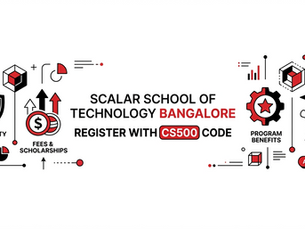 Scalar School of Technology Bangalore registration 2026 with CS500 code showing admission process, coding students, and tech campus environment