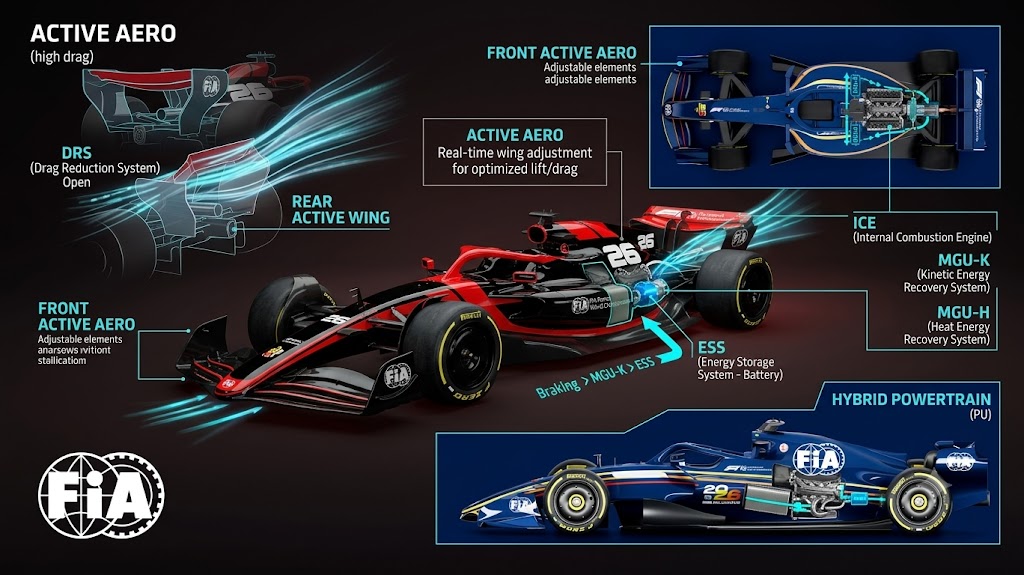 Illustration of a 2026 Formula 1 car showing the new generation of bodywork