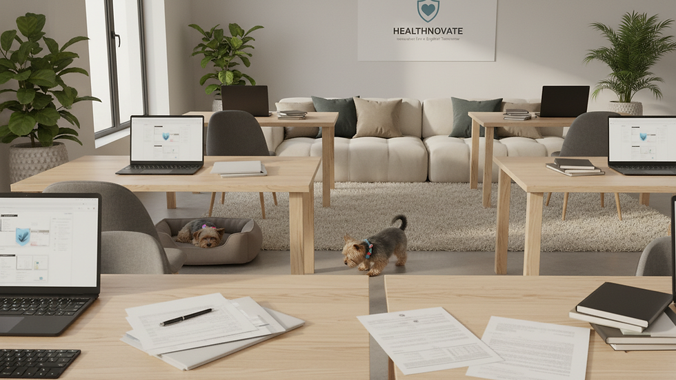 Eye-level view of a modern healthcare startup office with laptops and documents