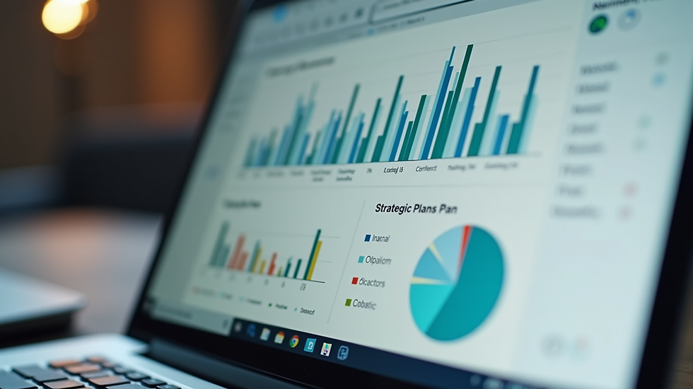Close-up view of a laptop screen showing a strategic plan with charts and notes