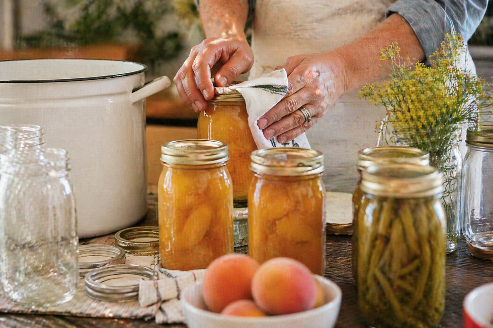 Eye-level view of a rustic kitchen with jars of canned vegetables