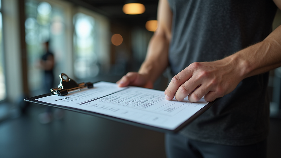 Eye-level view of a fitness trainer adjusting a workout plan on a clipboard