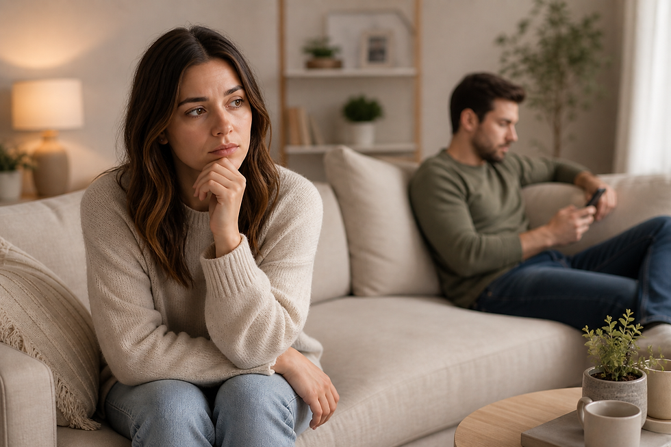Woman overthinking in relationship while partner appears distant on couch