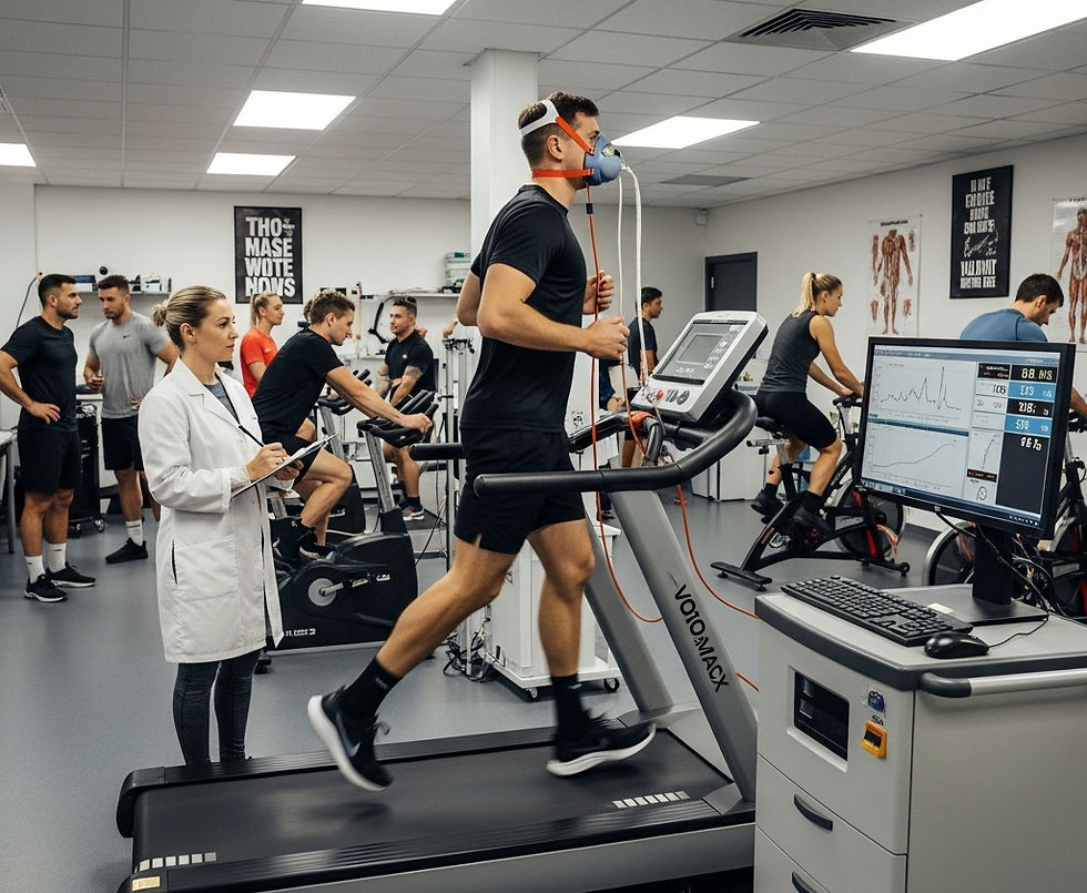 במעבדה לבדיקת סיבולת לב-ריאה, אדם מתאמן על הליכון עם מסכת חמצן למדידת VO2Max.