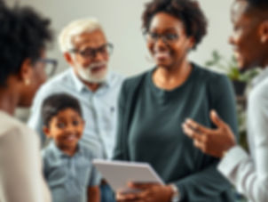 A women in midlife stands surrounded by family all vying for her attention