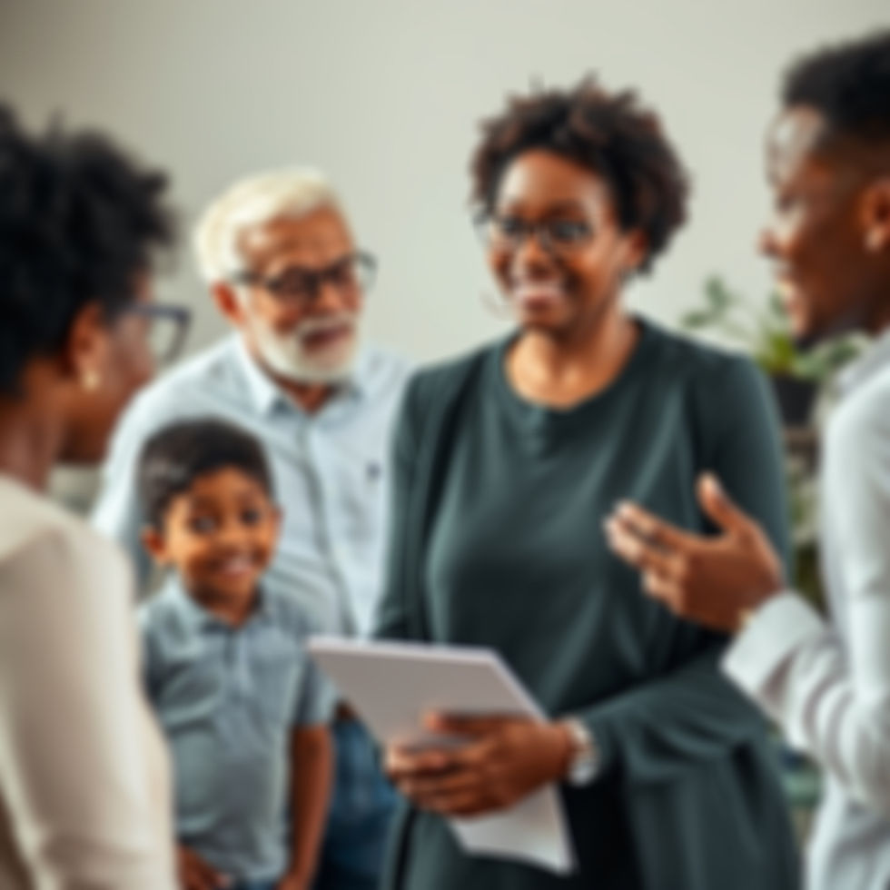 A women in midlife stands surrounded by family all vying for her attention
