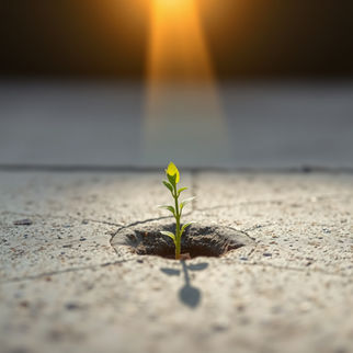 A small green sprout tries to grow out of a small crack in a dark, cracked concrete floor.