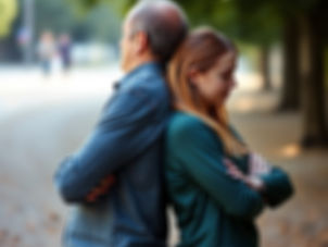 A man and his teenage daughter stand back to back on a path in a park, with their arms crossed.