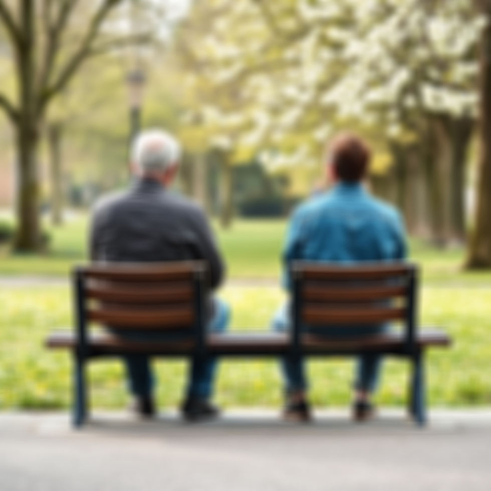 Rear view picture of a parent and their adult child sitting on a bench in a park in spring
