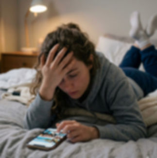 A woman lies on her bed scrolling on her phone with her hand on her forehand