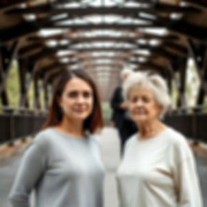 A mother and her daughter stand side by side with a bridge in the background