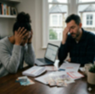 A couple sits at a table covered in paperwork looking overwhelmed