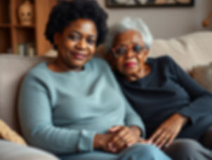 An adult woman sits on a sofa next to her ageing mother