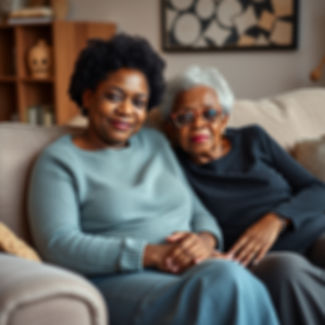 An adult woman sits on a sofa next to her ageing mother
