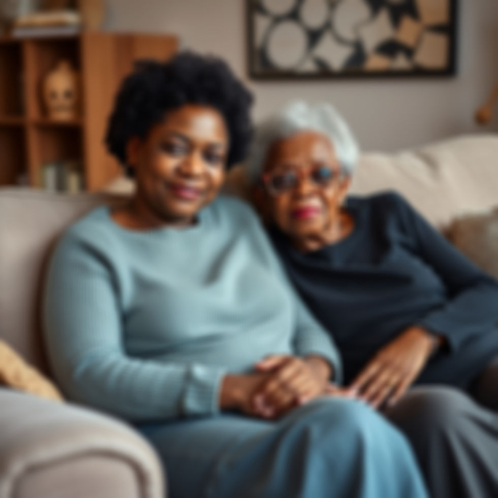 An adult woman sits on a sofa next to her ageing mother