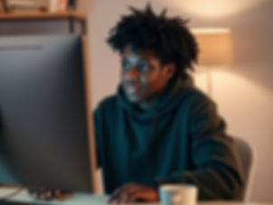A teenager sits in his bedroom at his computer screen
