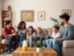 A family sit on the sofa together