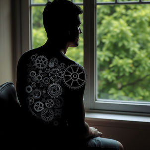 A side profile of a person sitting looking out a window at a garden. Inside the silhouette of their torso, there is a complex visual metaphor of intricate, interlocking metallic gears like a working machine.