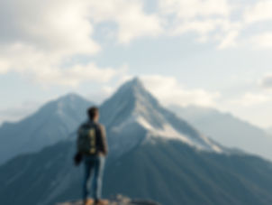 A man looks up at a high mountain in front of him