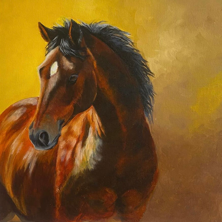 Painting of horse with yellow and brown background