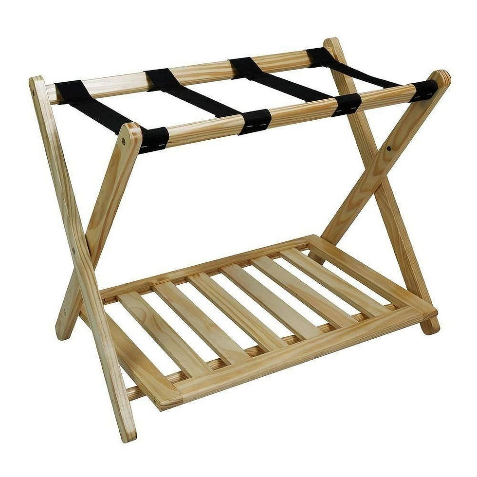 Solid Wood Luggage Rack w/ Storage Shelf, Natural Black Straps