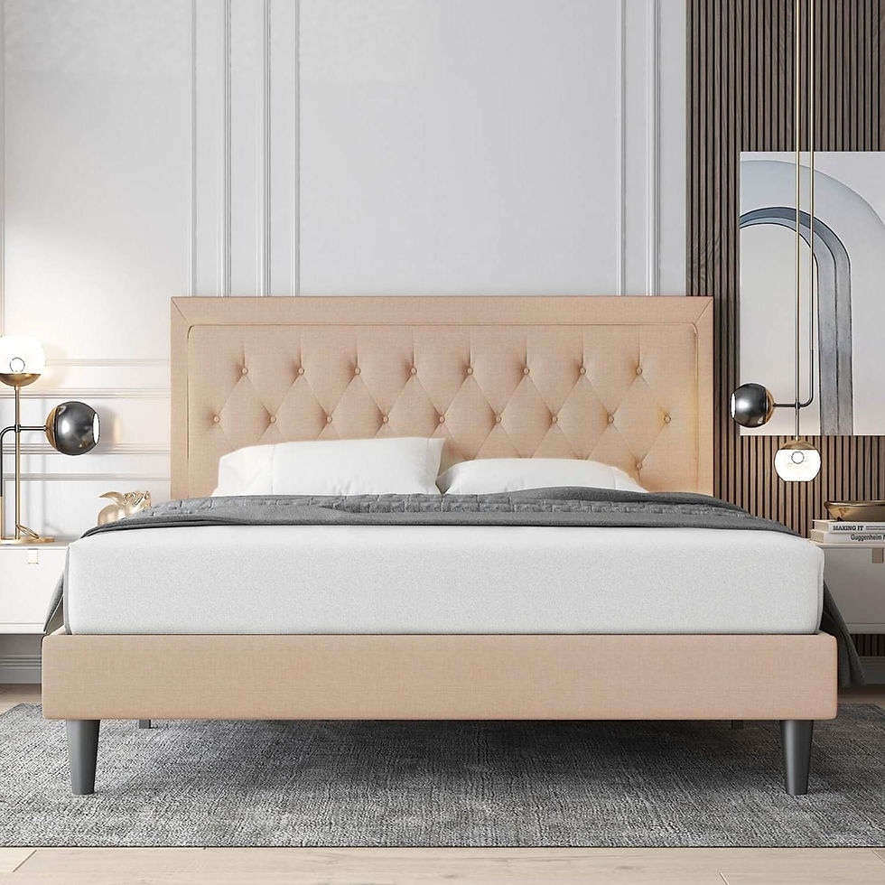 King Beige Linen Platform Bed Frame Button Tufted Headboard