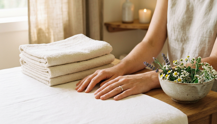 Close-up of hands resting gently on a massage table beside folded towels and flowers.