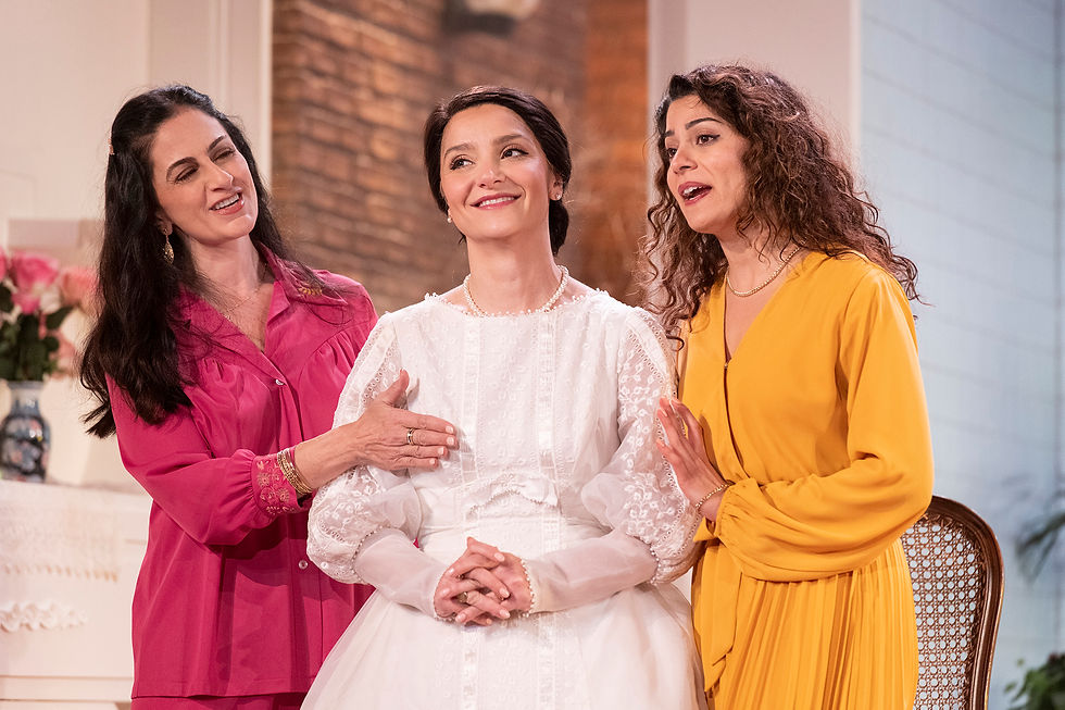 Sahar Bibiyan, Tara Grammy and Awni Abdi-Bahri in South Coast Repertory's 2025 production of Wish You Were Here by Sanaz Toossi. Photo by Robert Huskey/SCR.