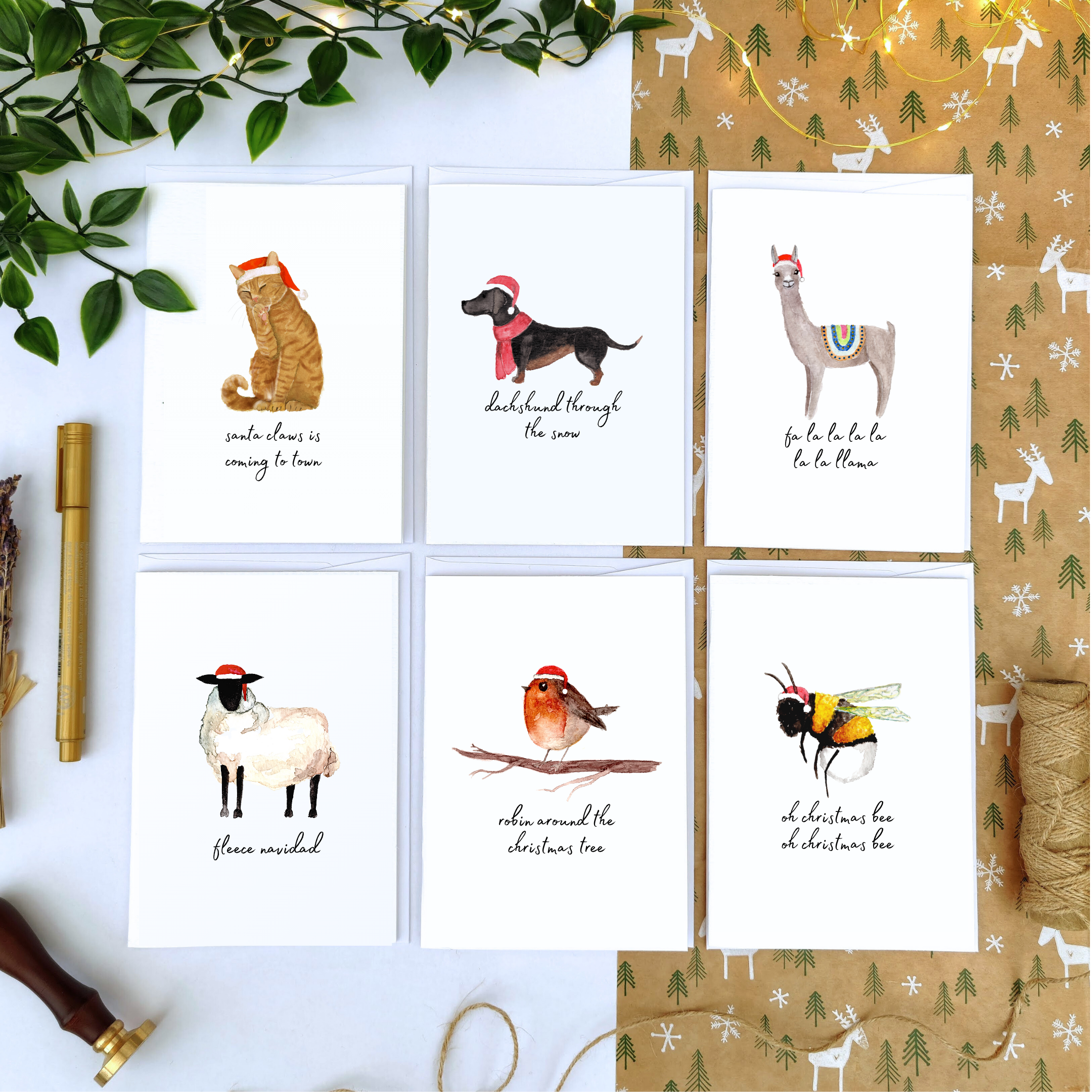 Punny Watercolour Animal Christmas Carol Greeting Cards